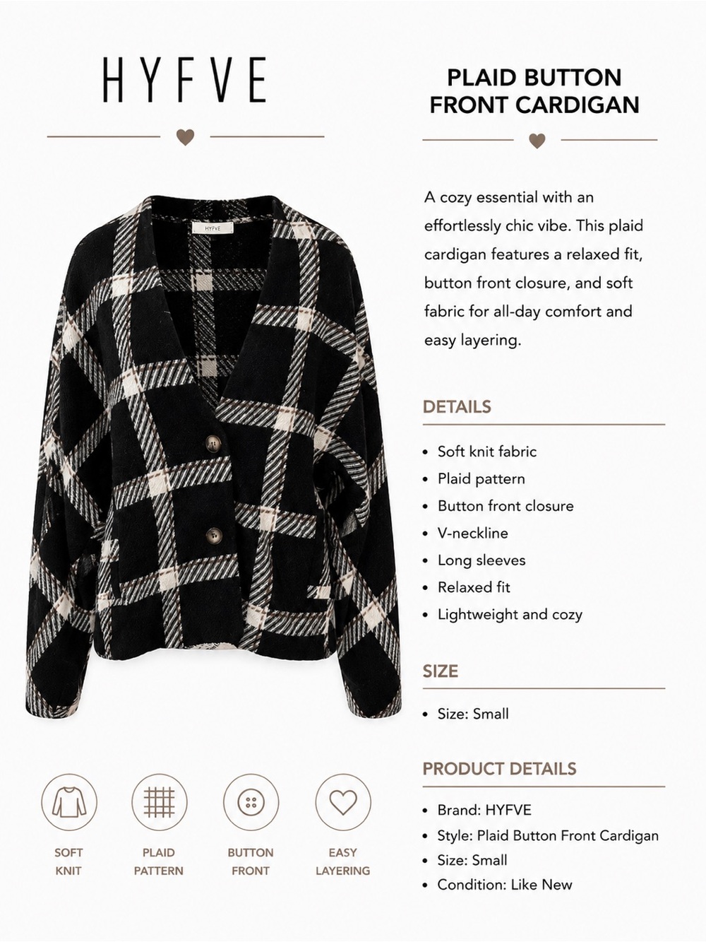 HYFVE Black and Cream Plaid Button-Front Cardigan